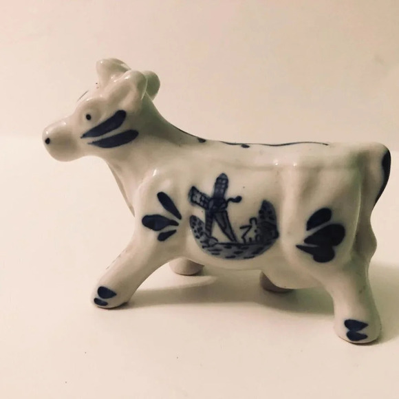 Vintage Hand Painted Delfts Blue  Cow Figurine Windmill 3.5 Inch Long - Picture 12 of 12